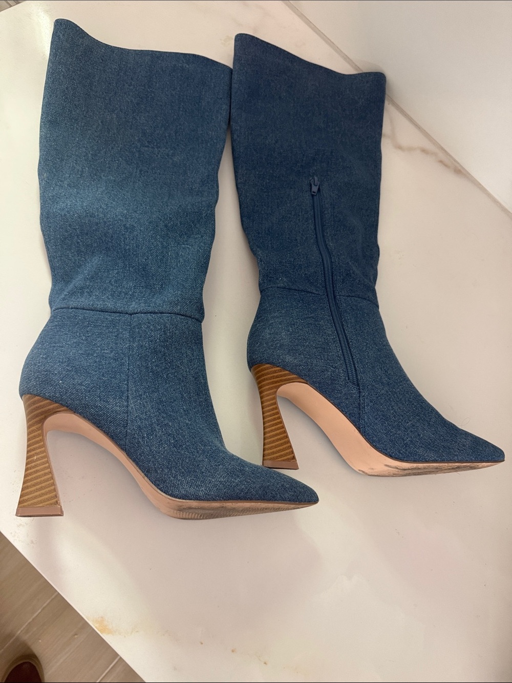 Denim knee-high Pointed Toe Heel stiletto boots- Blue Sz 7